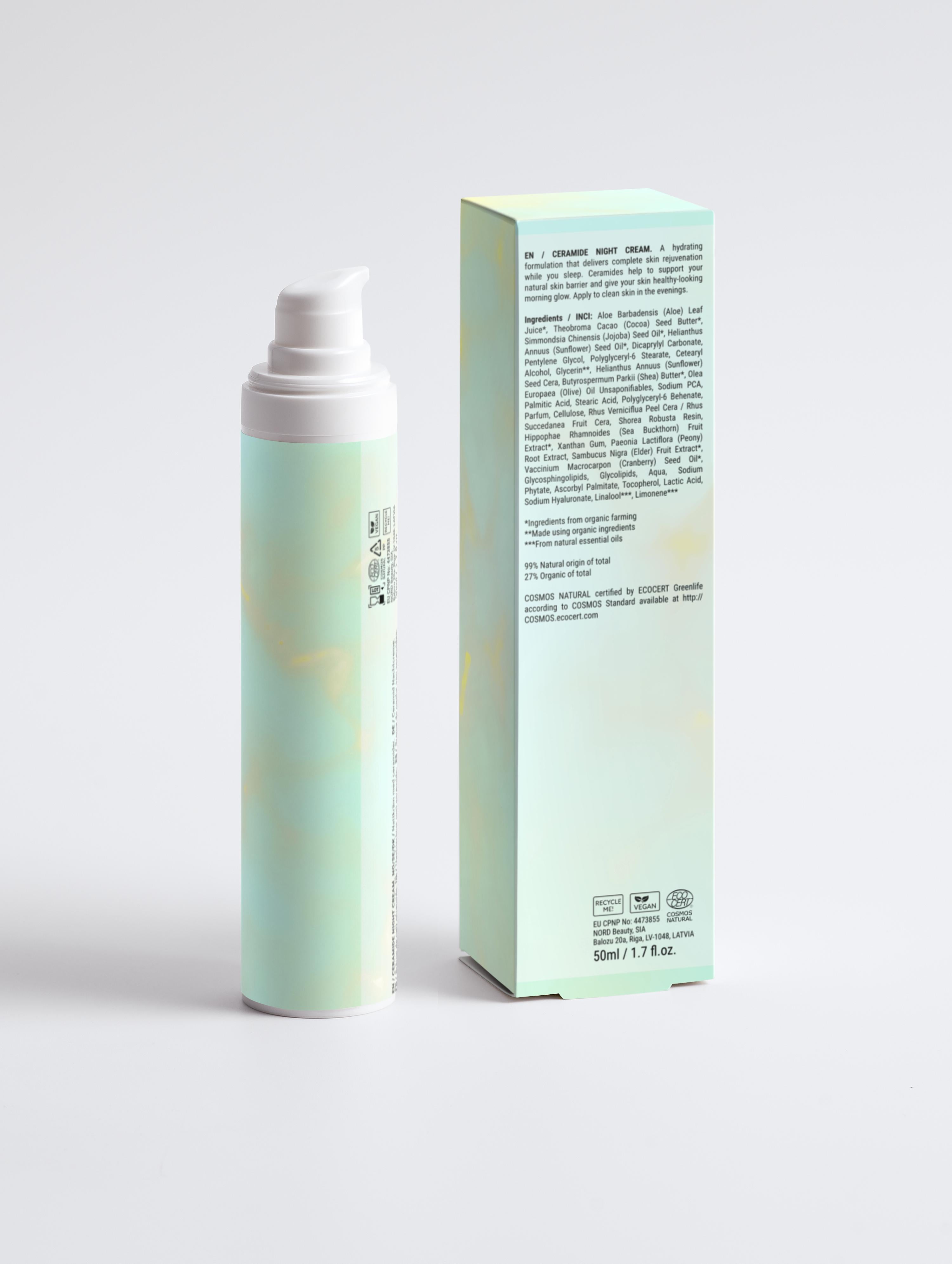 Eclat Soin Ceramide Hydrating Night Cream in a sleek pump bottle for overnight skin hydration